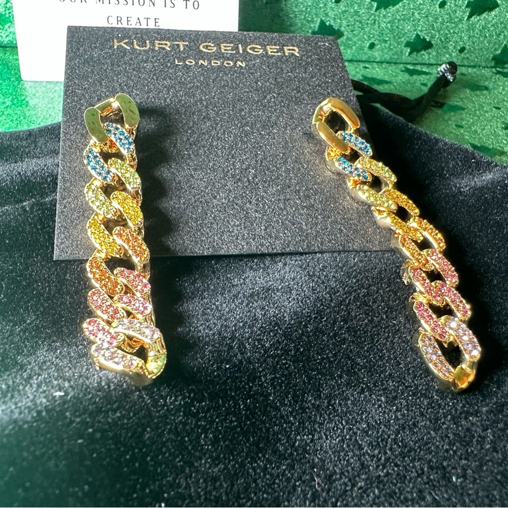 🌈 Kurt Geiger Rainbow Pave link earrings NWT w/ KG dust bag - Picture 4 of 13